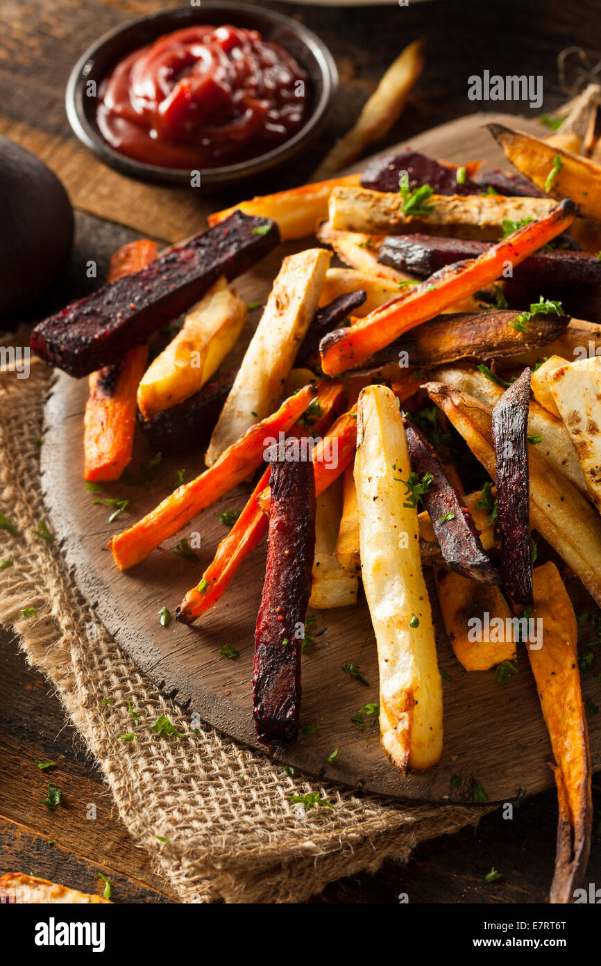 Oven Baked Vegetable Fries with Carrots, Potato, and Beets Stock Photo