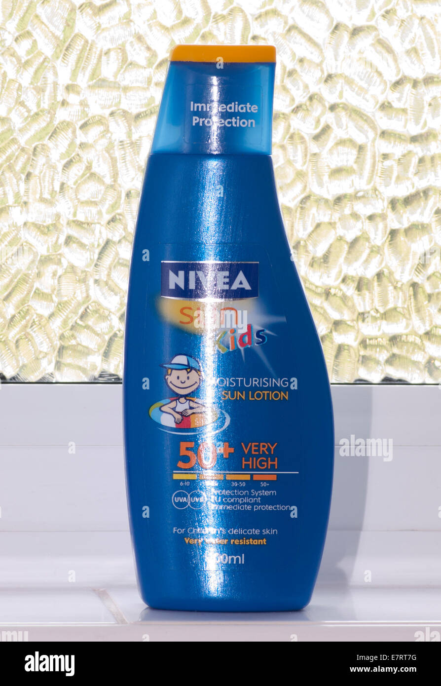 Bottle of Nivea Childrens Moisturising Sun Lotion Factor 50 Plus Stock Photo