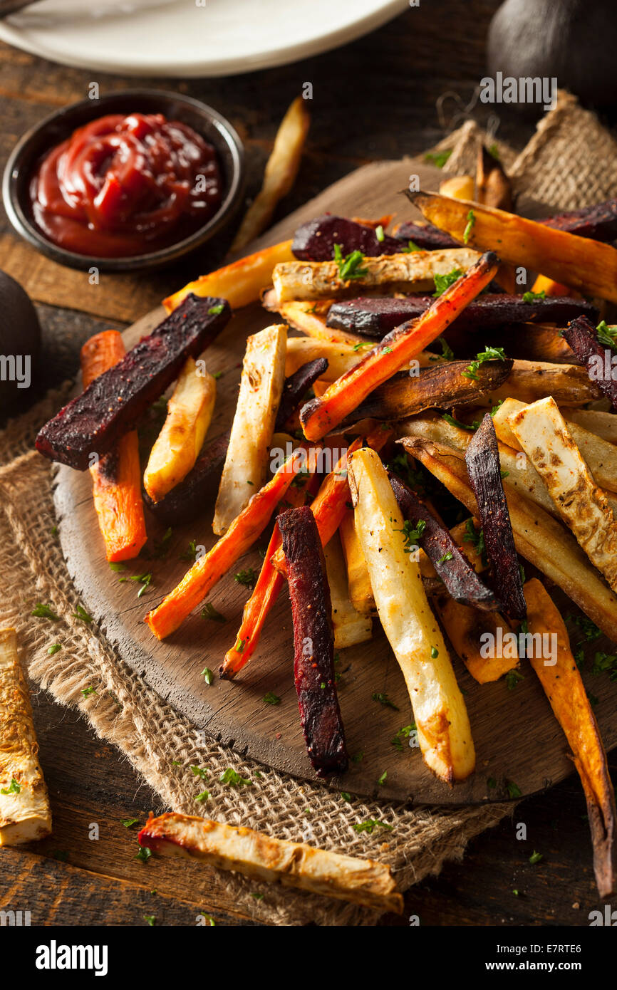 Oven Baked Vegetable Fries with Carrots, Potato, and Beets Stock Photo