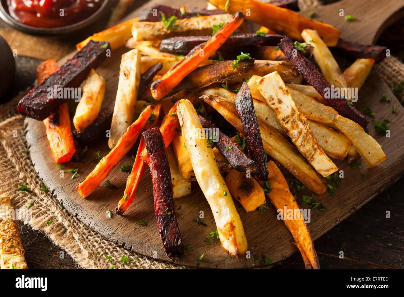 Oven Baked Vegetable Fries with Carrots, Potato, and Beets Stock Photo