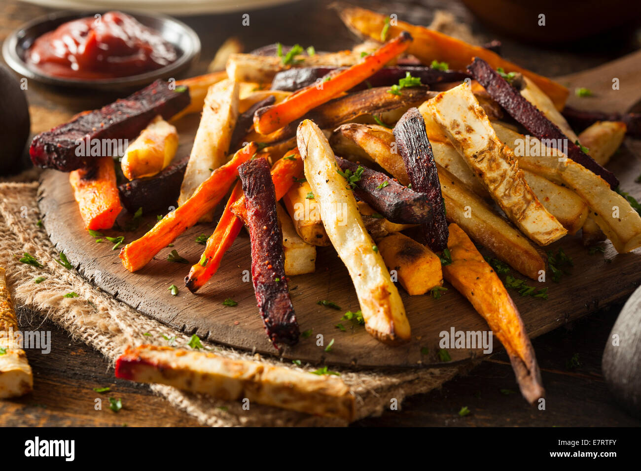 Oven Baked Vegetable Fries with Carrots, Potato, and Beets Stock Photo