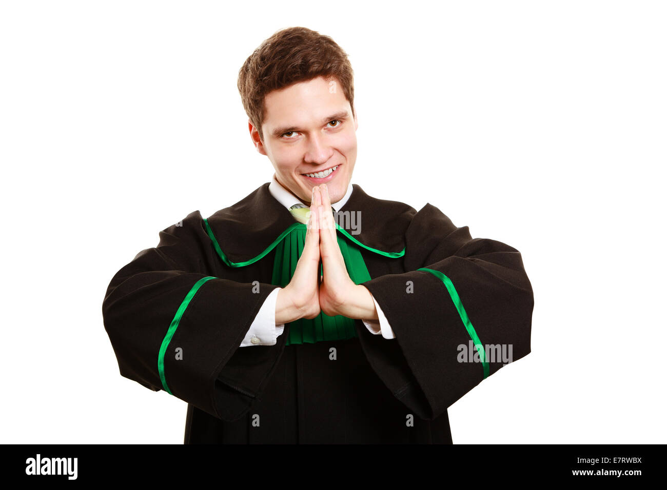 Law and justice. Man lawyer attorney in polish (Poland) black green gown showing thanks gesture hand sign isolated on white. Stock Photo