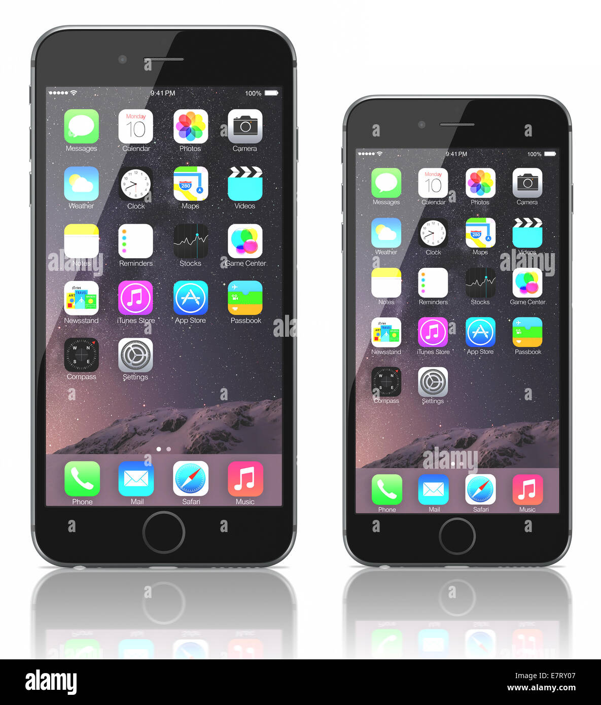 Apple Space Gray iPhone 6 Plus and iPhone 6 showing the home screen with iOS 8. Stock Photo