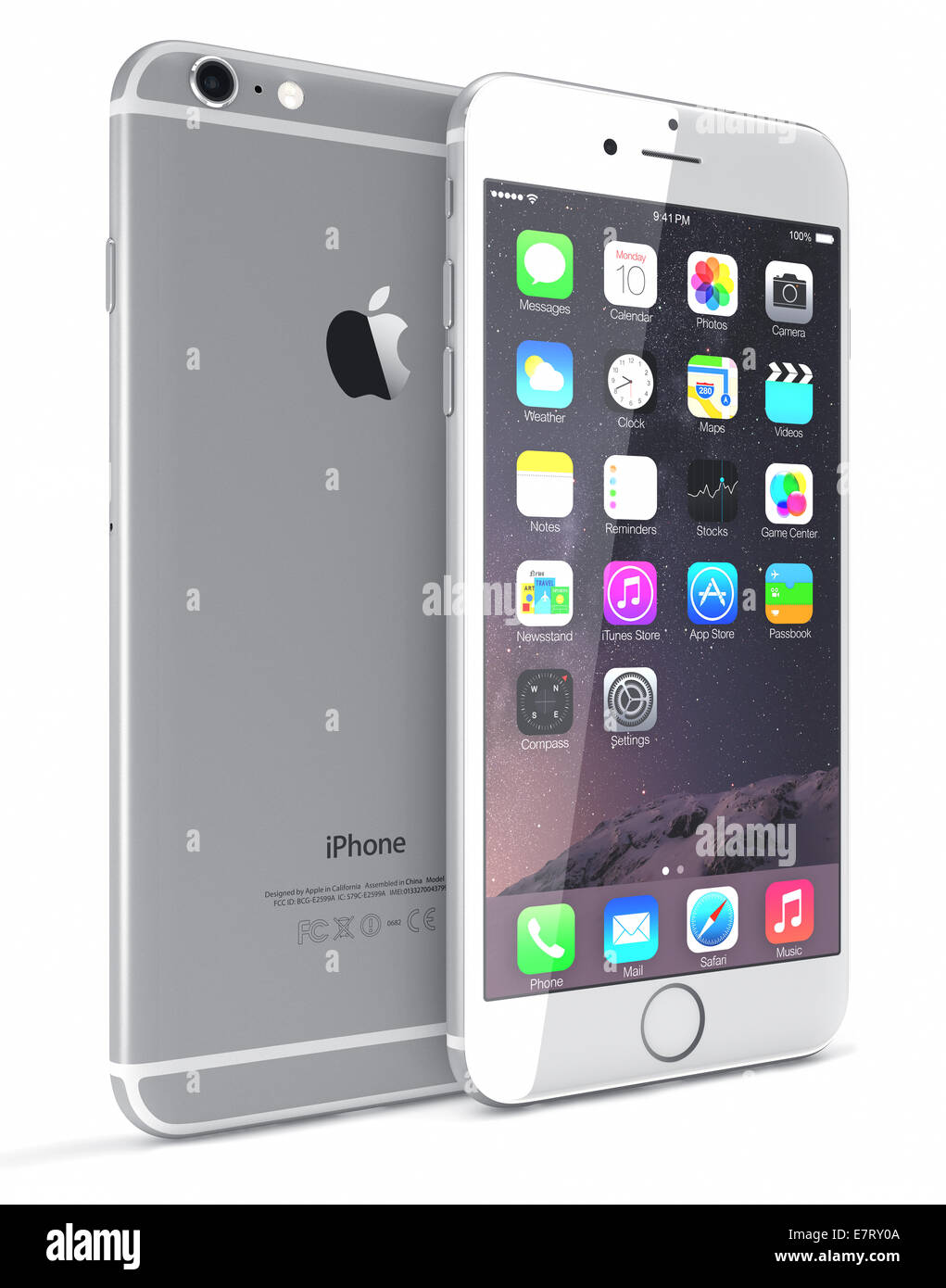 Apple Silver iPhone 6 Plus showing the home screen with iOS 8 Stock Photo