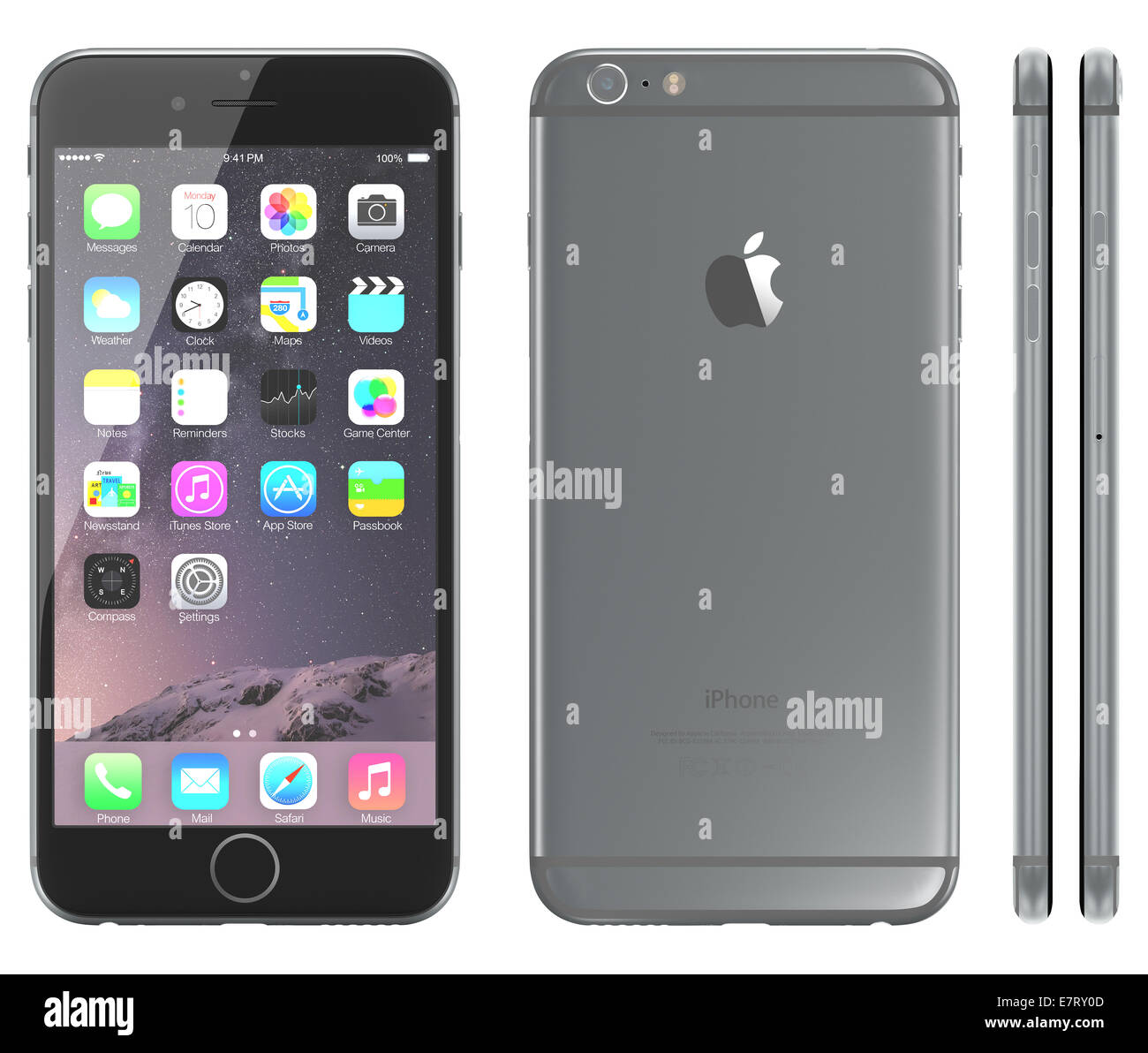 Apple Space Gray iPhone 6 Plus showing the home screen with iOS 8. Stock Photo
