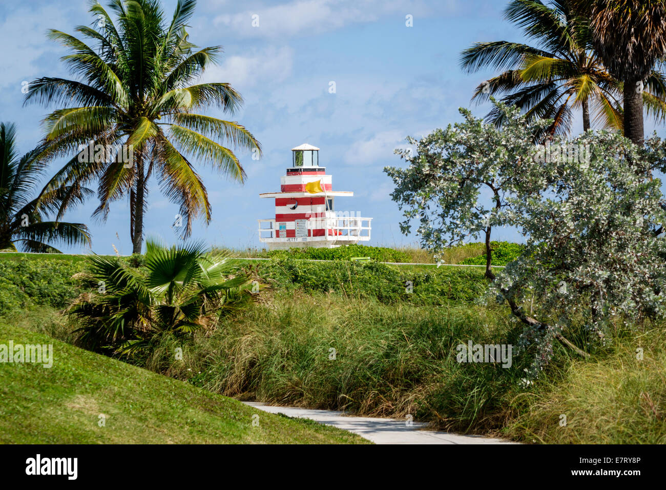 Miami Beach Florida,South Pointe Park,Point,lifeguard station,mock lighthouse,Atlantic Ocean shore,palm tree,FL140201016 Stock Photo