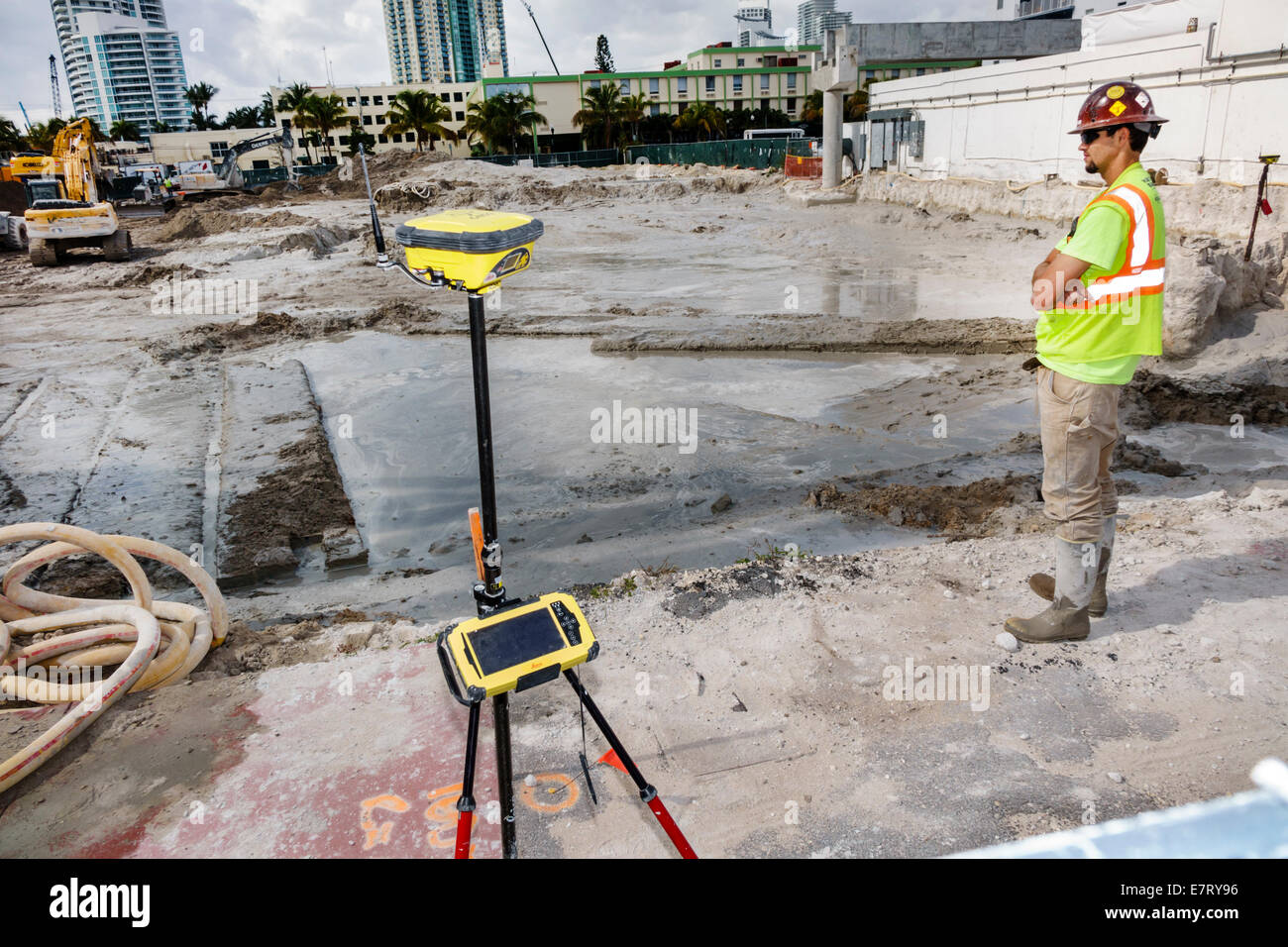 Miami Beach Florida,South Pointe SoFi,Point,construction site,surveyor's equipment,leveling instrument,dumpy level,digital,computerized,laser,foundati Stock Photo