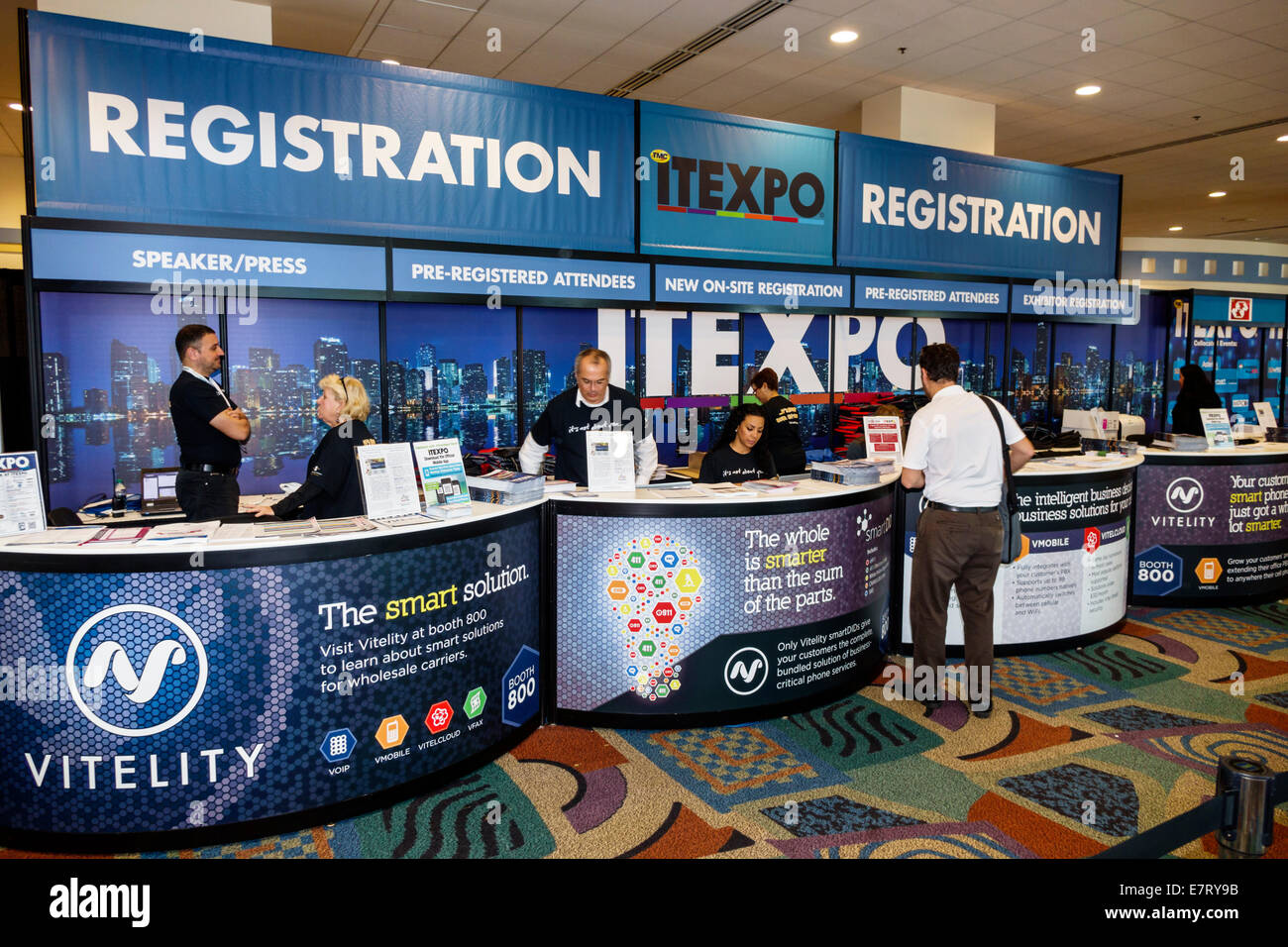 Miami Beach Florida,Convention Center,centre,ITEXPO,IP vendor vendors stall stalls booth market marketplace,cloud,unified communication,mobility,autom Stock Photo
