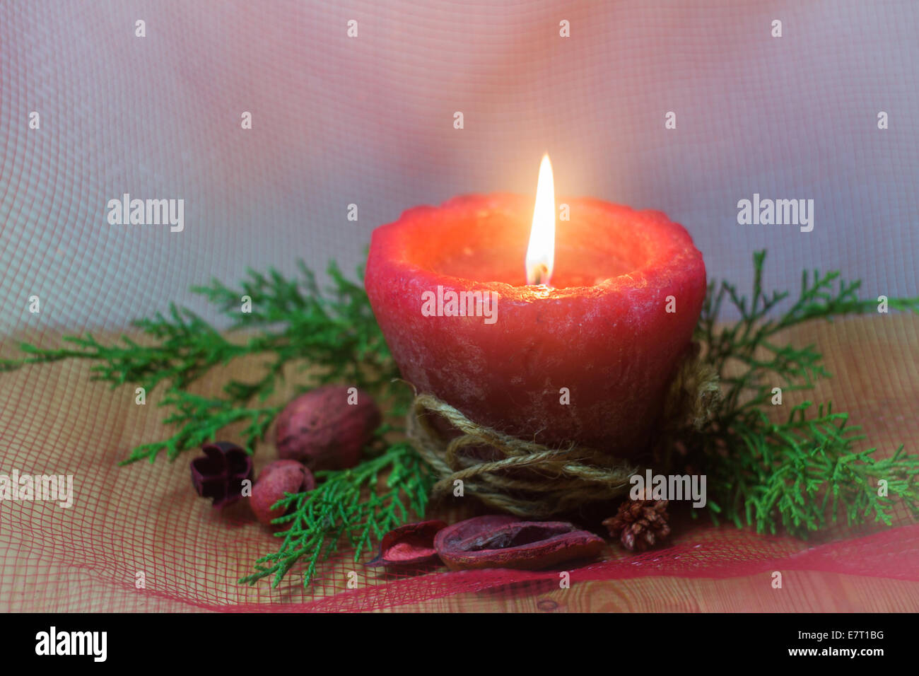 Christmas candle flaming red 'copy space' pine branch Stock Photo