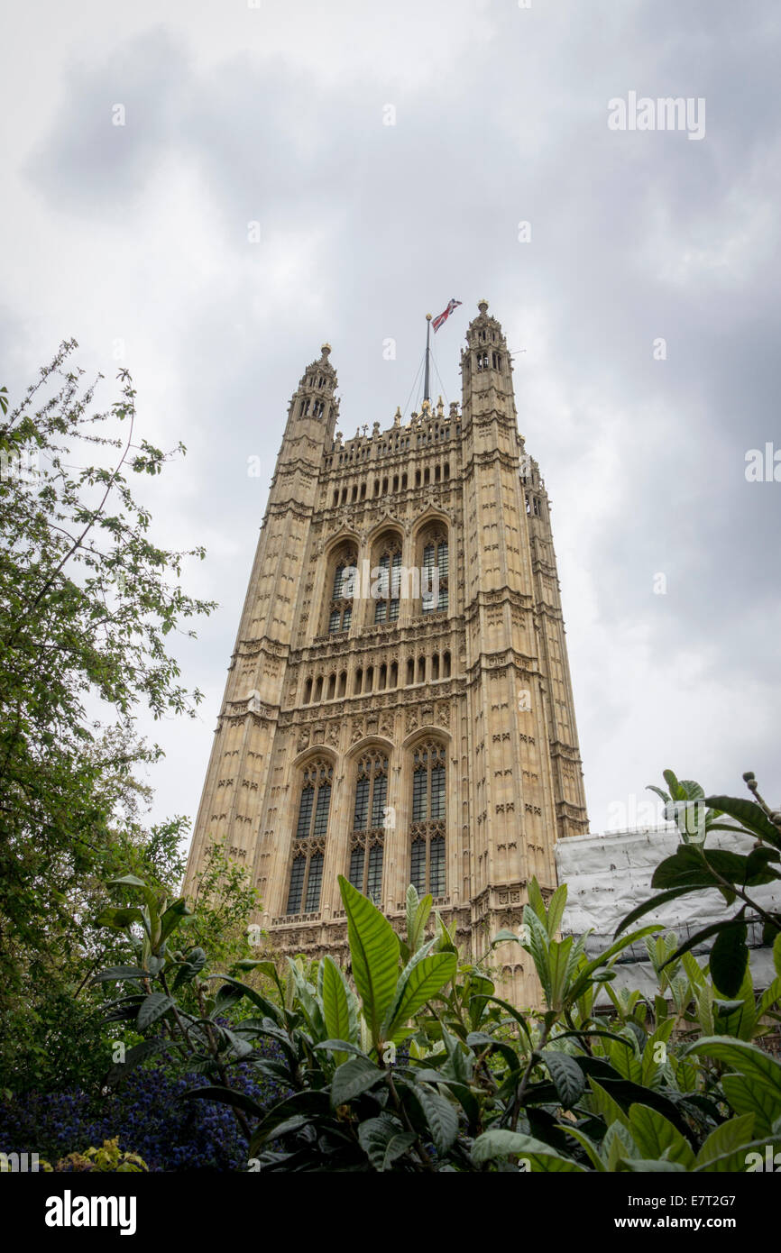 View of Victoria Tower on the end of the Houses of Parliament, Westminster, London Stock Photo