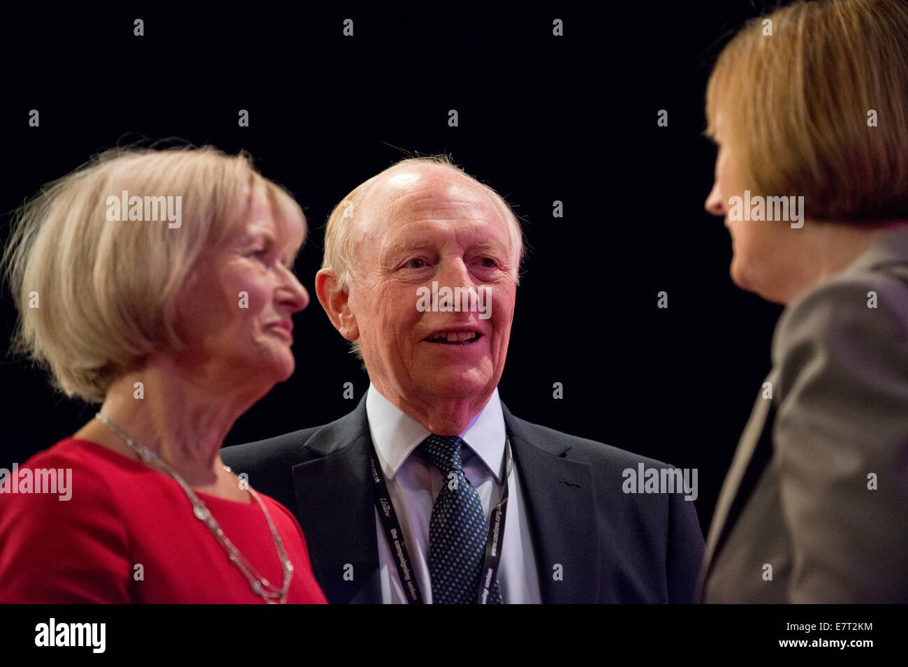 MANCHESTER, UK. 23rd September, 2014. Former Labour Leader Neil Kinnock and wife Glenys Kinnock chat with Harriet Harman, Shadow Deputy Prime Minister, on day three of the Labour Party's Annual Conference taking place at Manchester Central Convention Complex Credit:  Russell Hart/Alamy Live News. Stock Photo