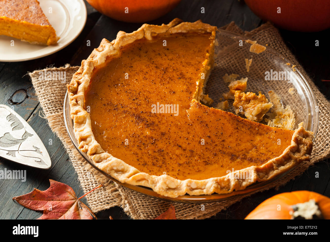 Homemade Pumpkin Pie for Thanksigiving Ready to Eat Stock Photo