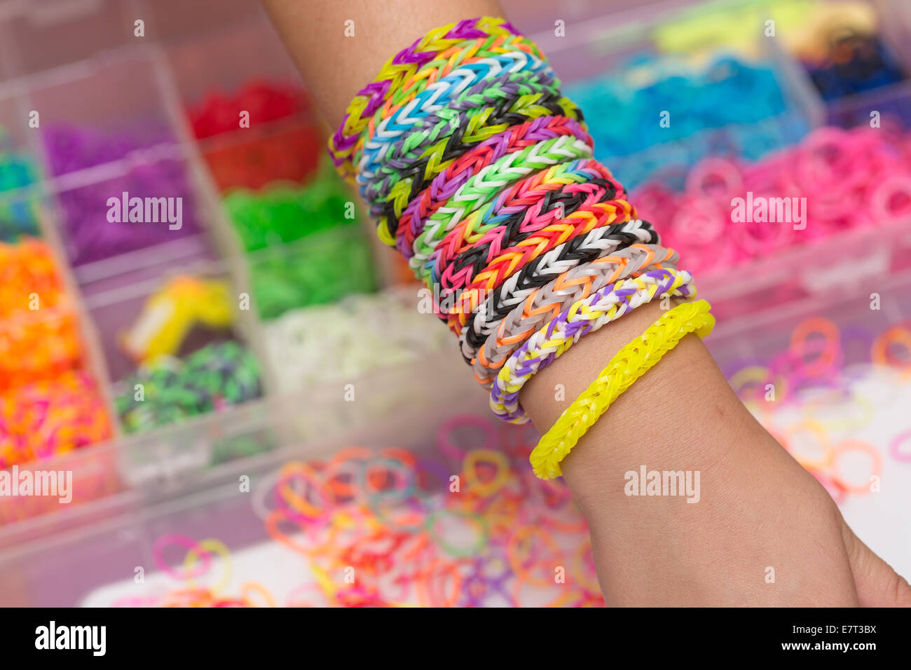 Colorful Rainbow loom rubber bands in a box Stock Photo Alamy