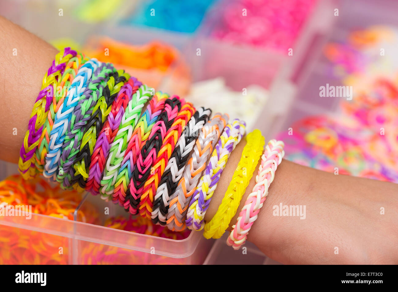 Colorful Rainbow loom rubber bands in a box Stock Photo - Alamy