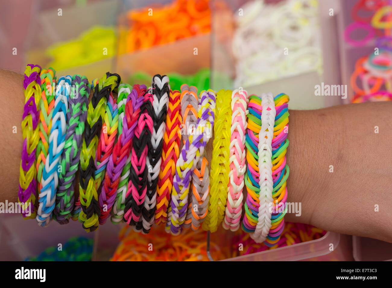 Colorful Rainbow loom rubber bands in a box Stock Photo - Alamy