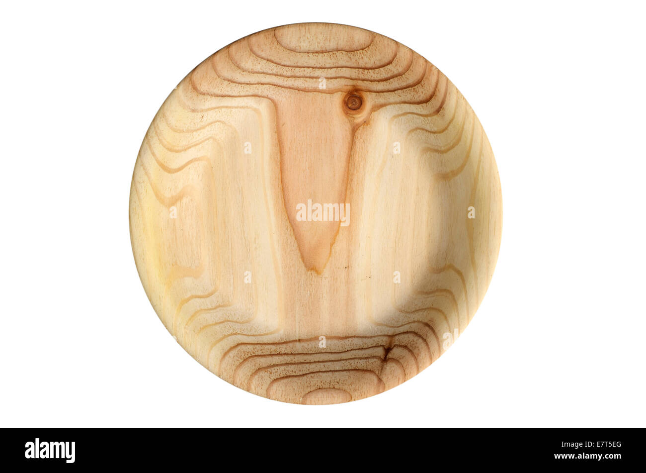 round handmade wooden stained plate over white background Stock Photo