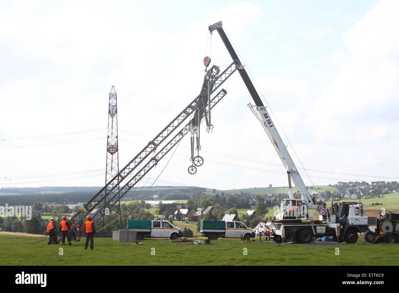 A complex emergency exercise of German and Czech rescue workers in an electricity power line near Hora Sv. Sebastiana, Czech Republic, on September 16, 2014. Around 200 experts are taking part in the unique international security exercise involving the failure of power grids entitled DRILL by Czech power grid operator CEPS and German operator 50Hertz. (CTK Photo/Ondrej Hajek) Stock Photo