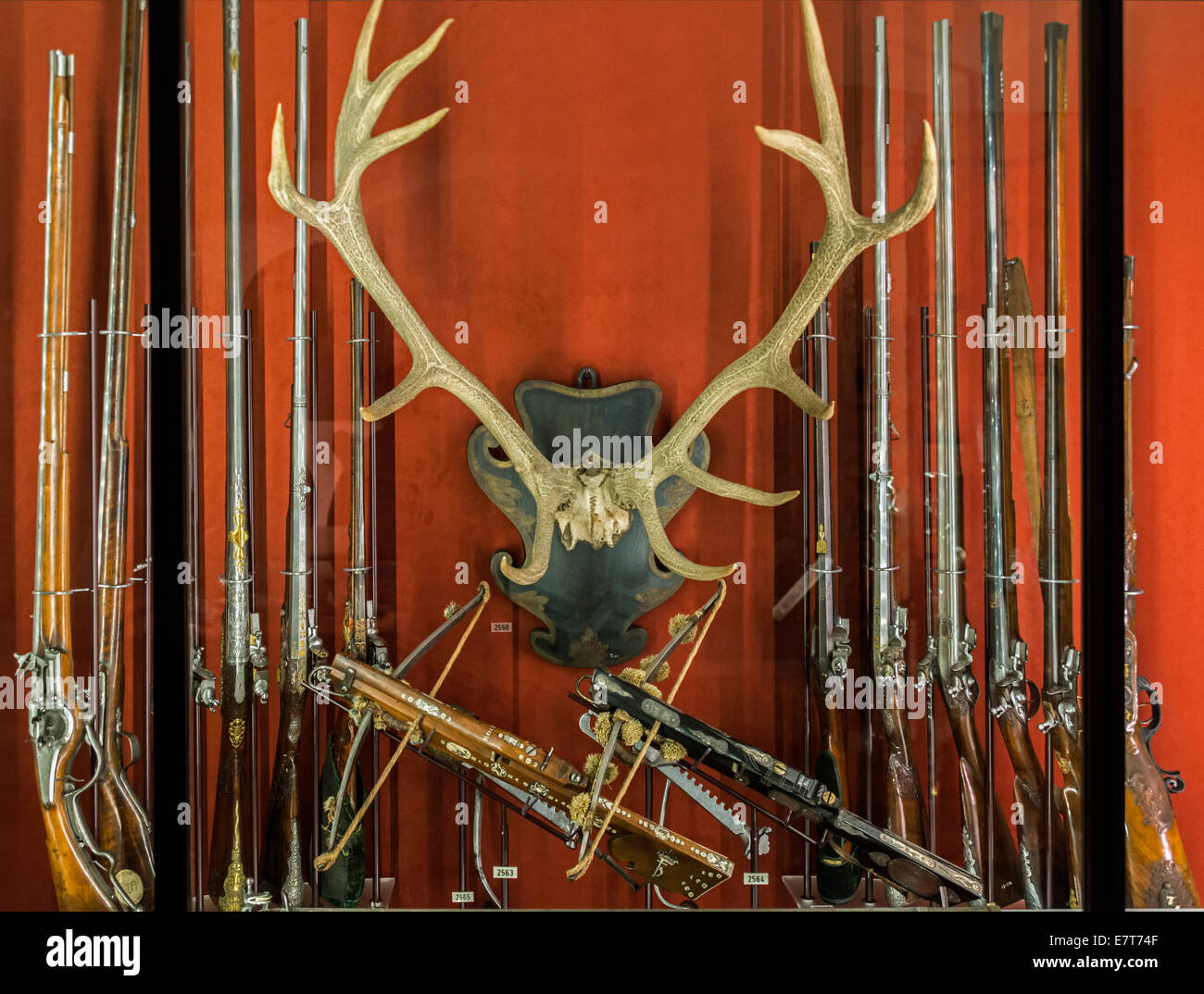 Rifles and crossbows, The Treasury, Rosenborg Castle, Copenhagen, Denmark Stock Photo
