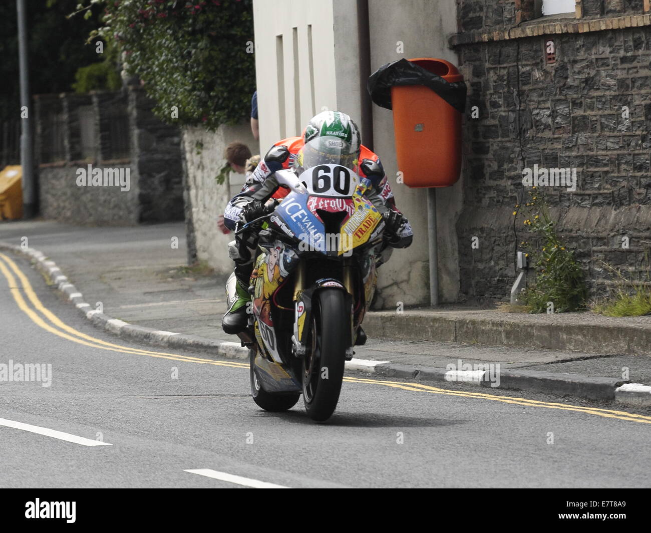 Peter Hickman riding his Ice Valley BMW Superbike in the Seniors race, during the 2014 Isle of Man TT. Stock Photo
