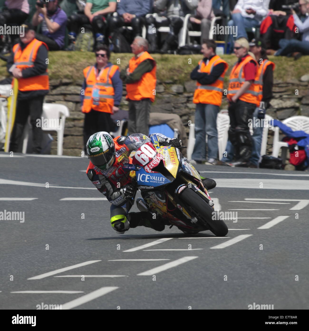 Peter Hickman riding his  Ice Valley superstock BMW motorcycle, during the 2014 Isle of Man TT. Stock Photo