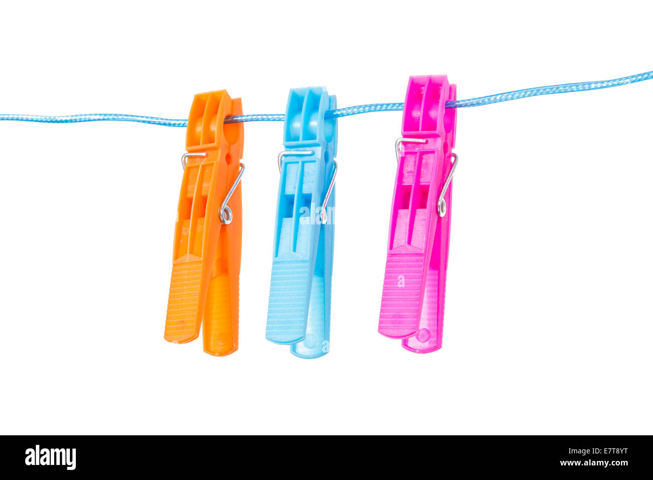 Colorful clothespins on blue nylon rope, isolated on white background