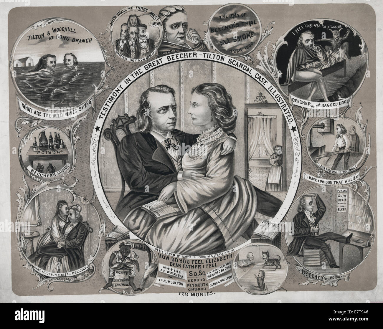 Testimony in the great Beecher-Tilton scandal case illustrated - Henry Ward Beecher with Elizabeth Tilton sitting on his lap as he embraces her, the 'Holy Bible' open on her lap. Includes vignettes of the Henry Ward Beecher-Theodore Tilton scandal, including 'Tilton & Woodhull swimming at Long Branch'; Mrs. Frank Moulton kisses Beecher'; Beecher drinking one of his alcoholic 'Poisons'; 'Beecher on the Ragged Edge' of a saw blade, with caption 'I feel like one in a dream' and a devil; 'Mrs. Beecher' crying; and a prediction 'The end of Beecher's trail all smoke, 1900 Stock Photo