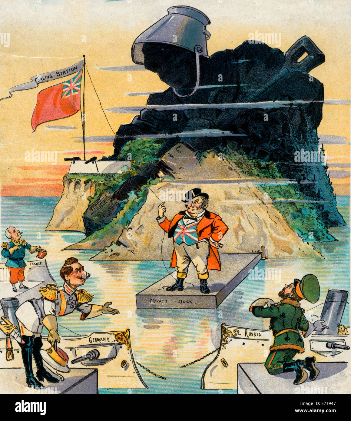 Coal is king in the far east - John Bull standing on a 'Private Dock' to an island labeled 'Coaling Station' that shows an anthropomorphic mountain of coal; in the foreground are William II bowing next to a ship labeled 'Germany', Nicholas II kneeling next to a ship labeled 'Russia', and Felix Faure tipping his hat next to a ship labeled 'France', they are supplicating John Bull. Stock Photo