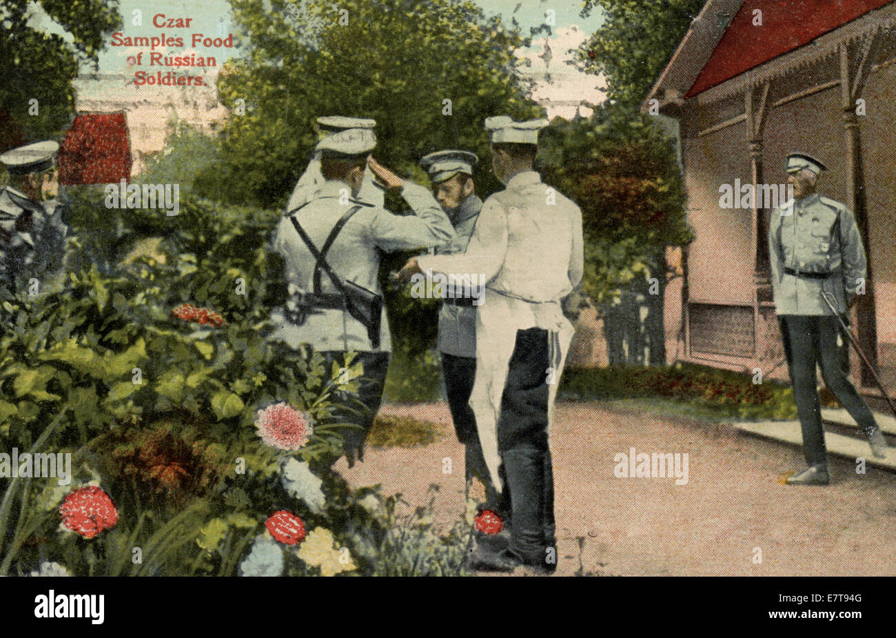 Czar Nicholas II samples food of Russian Soldiers, circa 1914 Stock Photo