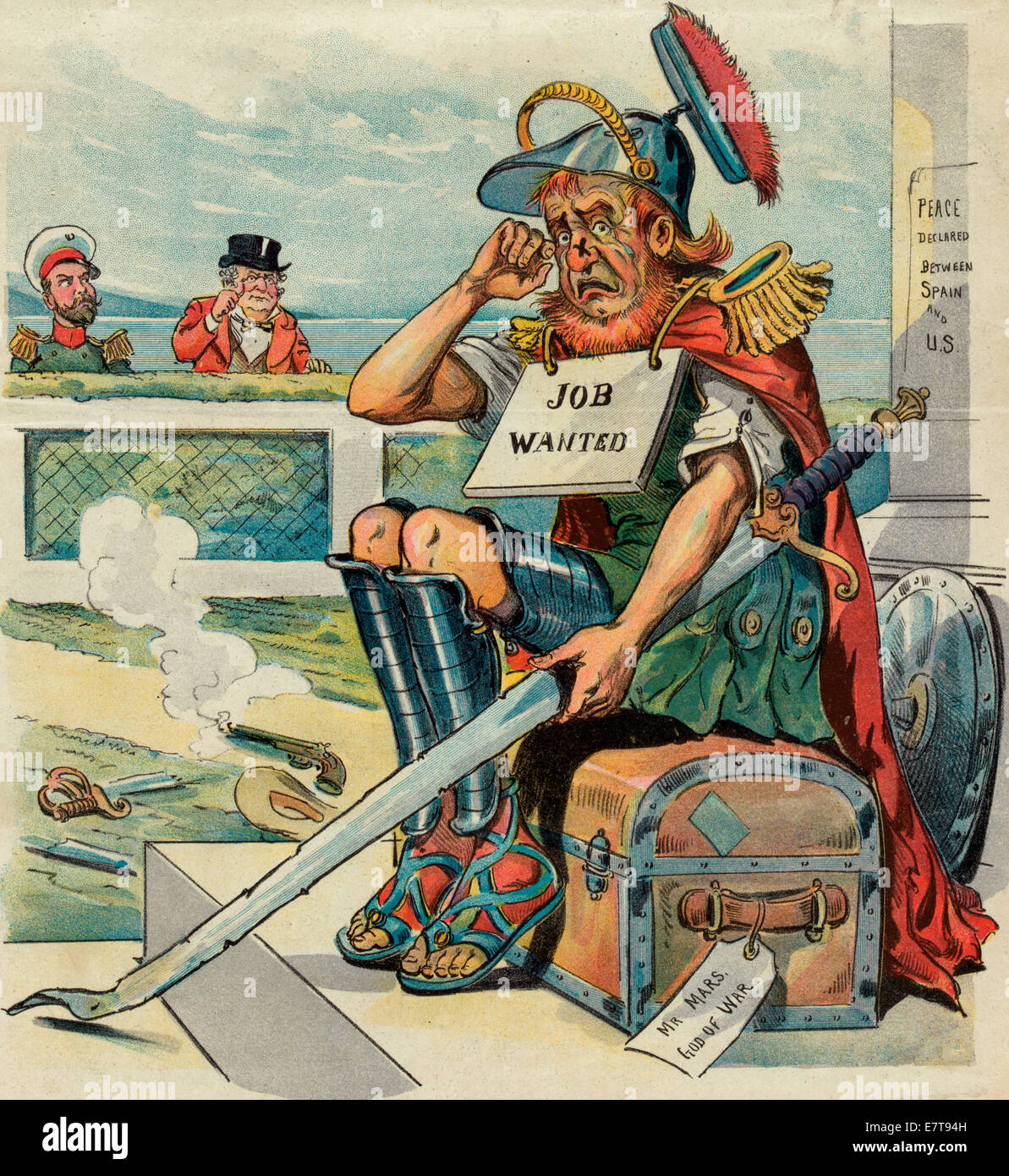 A disappointed God - He cries for more.  Mars, the Roman god of war, bruised and holding a battered and bent sword, and wearing a sign that states 'Job Wanted'; he is sitting on a trunk labeled 'Mr. Mars, God of War'. A notice posted on the wall behind him states 'Peace Declared Between Spain and U.S.' John Bull and another man, who may be Czar Nicholas II, are observing from behind a hedge on the left. Political Cartoon 1899 Stock Photo