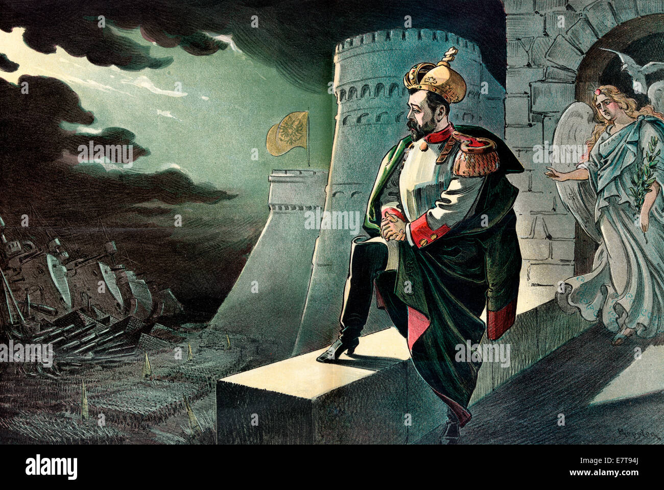 Disappointment - Tsar Nicholas II, Emperor of Russia, standing on a parapet on a castle, looking down at a massive army gathering beneath dark clouds; a female figure labeled 'Peace' is standing behind him, looking concerned. Political cartoon, 1899 Stock Photo