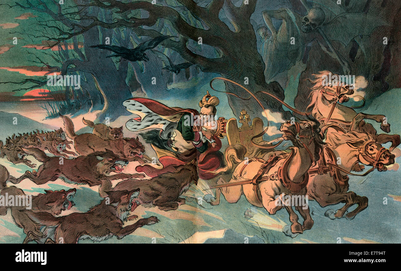 Nearing the End - Summary: Illustration shows Nicholas II, Emperor of Russia, clutching against his chest a doll that is wearing a crown labeled 'Autocracy' as he races through the woods in a troika pursued by a pack of angry, ravenous wolves. Political Cartoon, 1905 Stock Photo