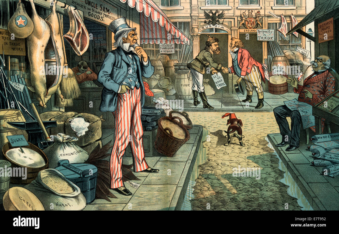 Peace, but not Business - Uncle Sam - Darned if I ain't left again!  I'm overstocked, I've got all the blessings of a high tariff. Political Cartoon 1885 Stock Photo
