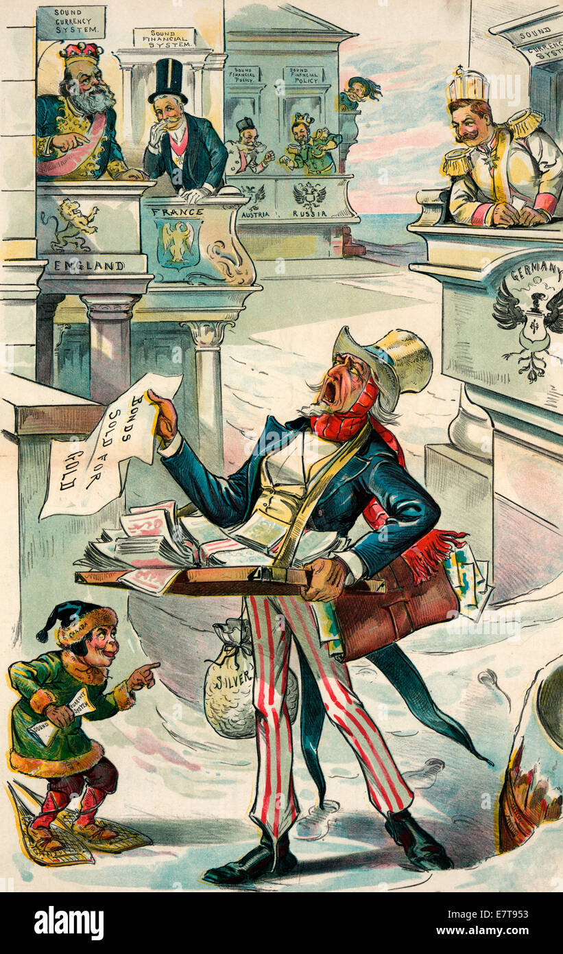 Forced to peddle, though he is rich.  And this humiliating state of affairs will continue until Congress regains its reason and gives him a sensible financial system. political cartoon, 1896. Stock Photo