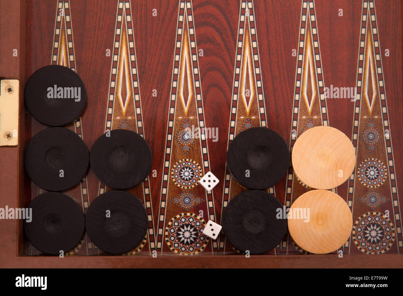 Backgammon chips and dices, top view Stock Photo Alamy