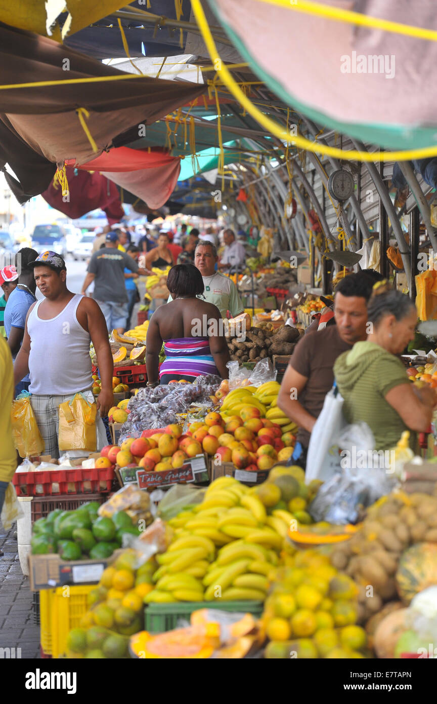 The floating market in Willemstad, Curacao has a daily abundance of fruit and vegetables as well as fresh-caught Caribbean fish. Stock Photo