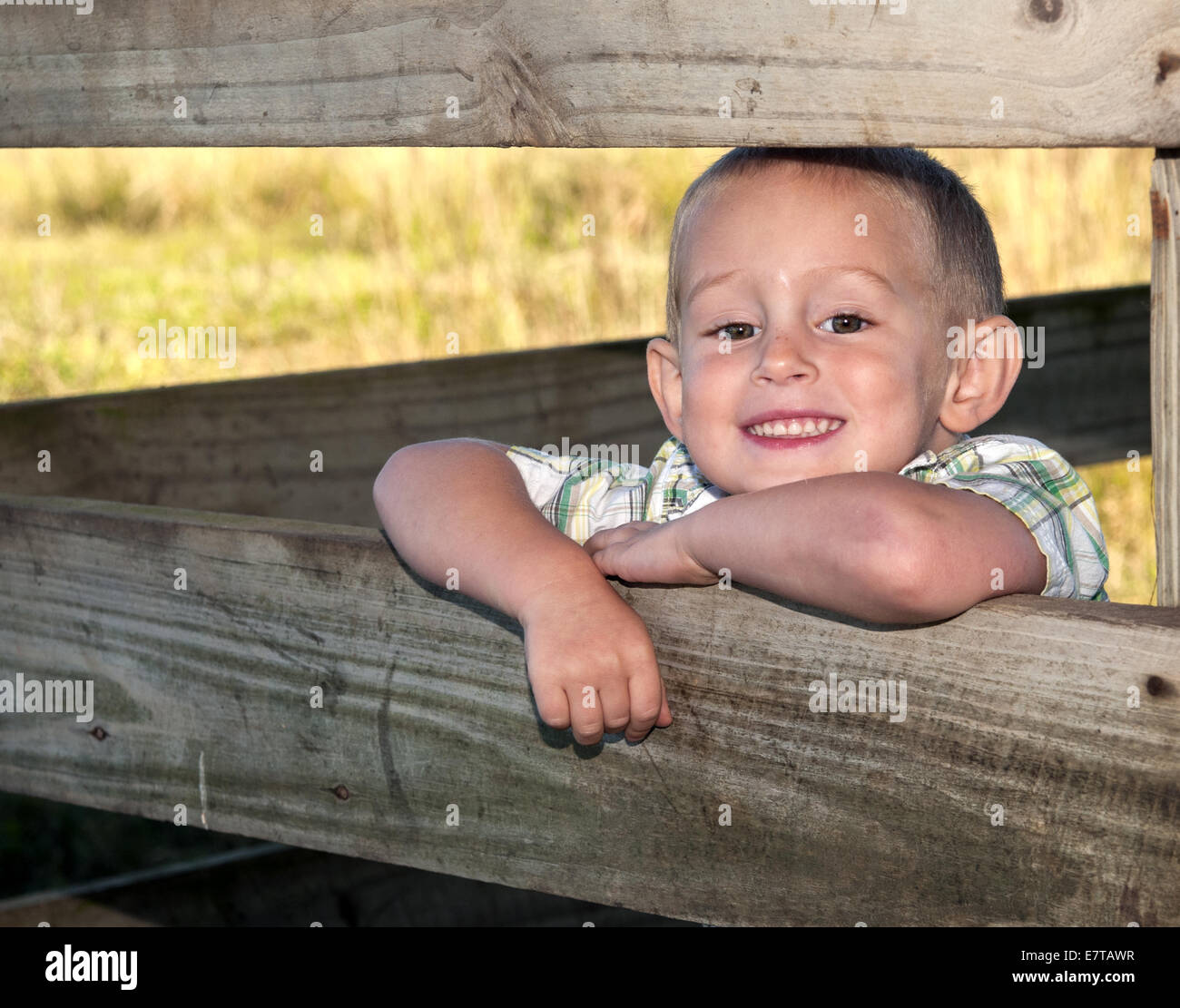 4-5 year old boy in barn stall smiling Stock Photo