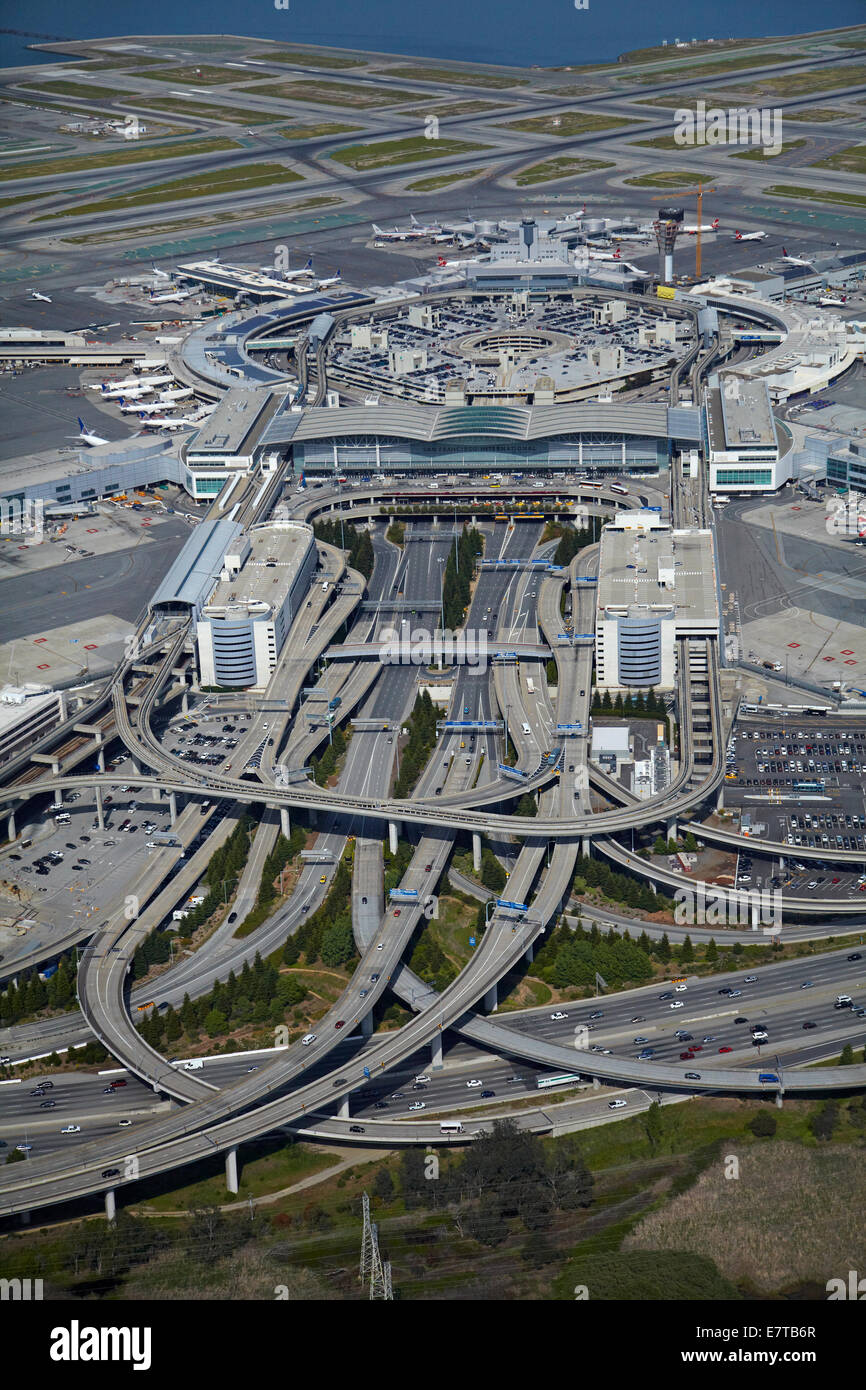 Bayshore Freeway Interchange and San Francisco International Airport, San Francisco, California, USA - aerial Stock Photo