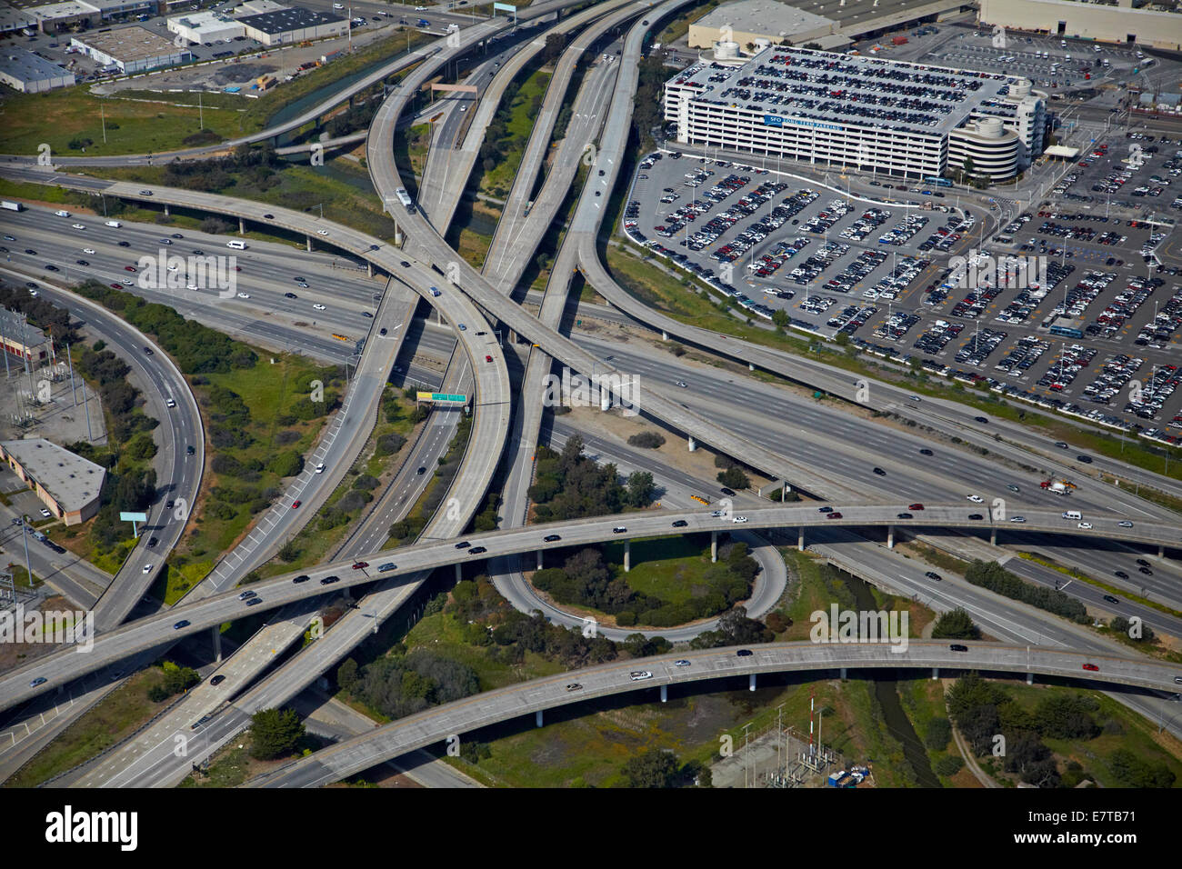 Interchange of 1-380 and Bayshore Freeway, San Francisco, California, USA - aerial Stock Photo