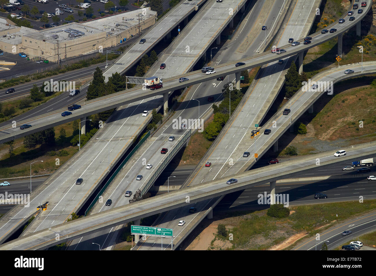 Interchange of Bayshore Freeway, and J. Arthur Younger Freeway (SR 92), San Mateo, San Francisco, California, USA - aerial Stock Photo