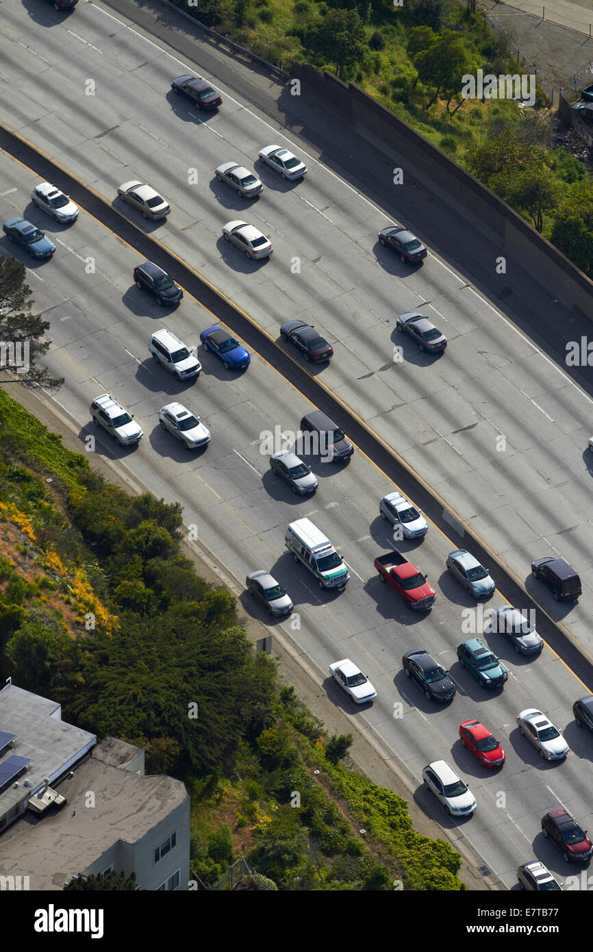 Heavy traffic on Bayshore Freeway (aka James Lick Freeway, US 101), San Francisco, California, USA - aerial Stock Photo