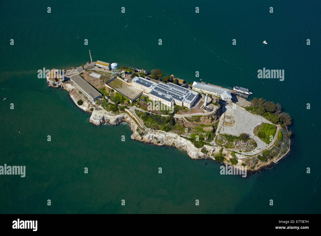 Alcatraz Island, former maximum high-security federal prison, San Francisco Bay, San Francisco, California, USA - aerial Stock Photo