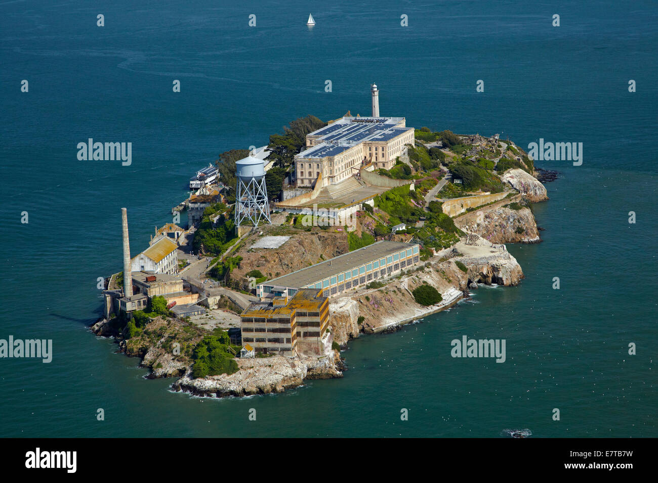 Alcatraz Island, former maximum high-security federal prison, San Francisco Bay, San Francisco, California, USA - aerial Stock Photo