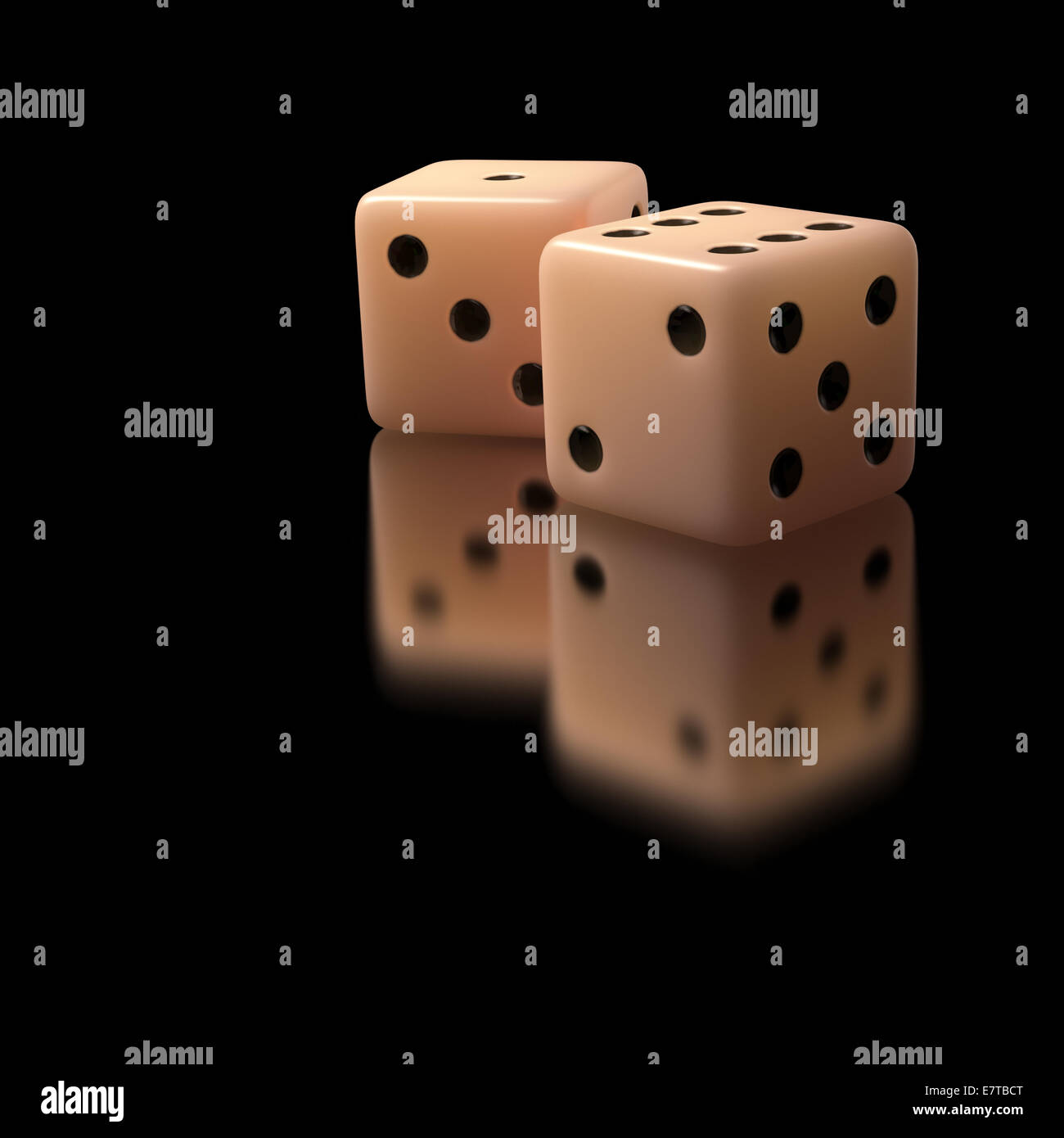 Two dice casino gambling on black reflective background. Clipping path included. Stock Photo