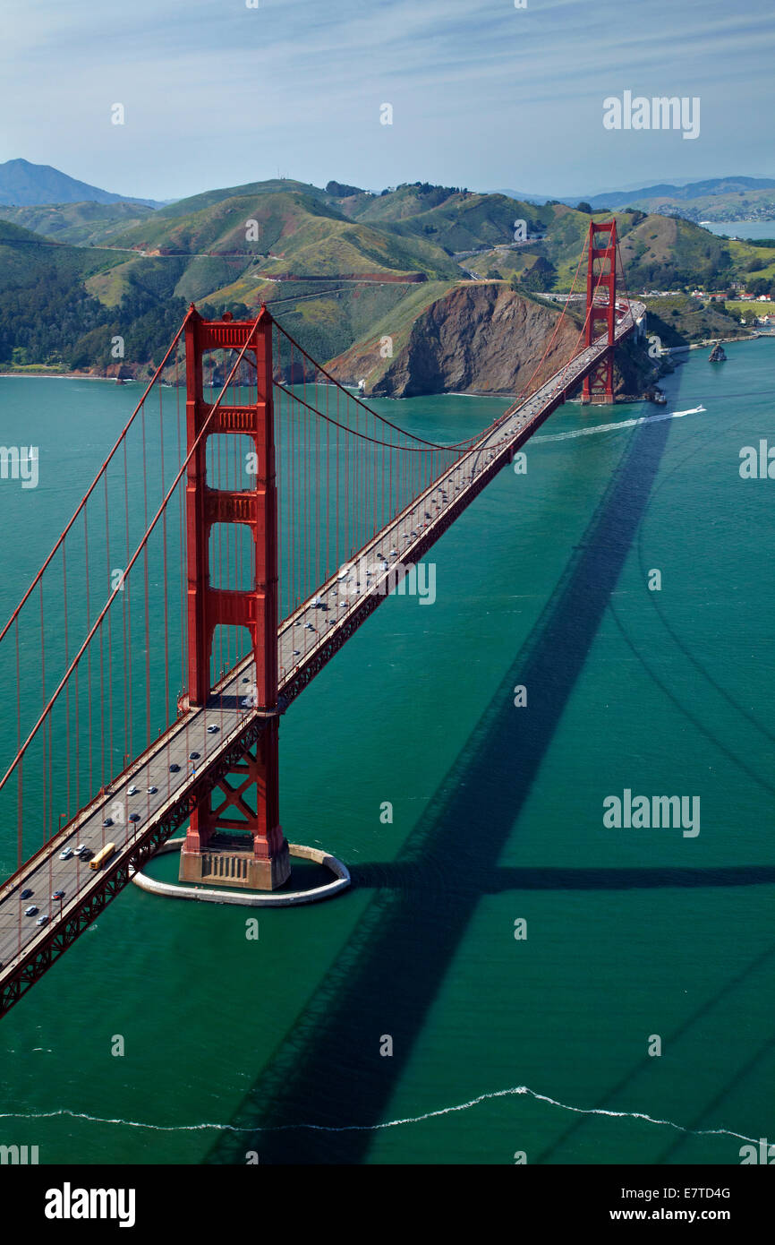 Golden Gate Bridge, and Marin Headlands, San Francisco Bay, San Francisco, California, USA - aerial Stock Photo