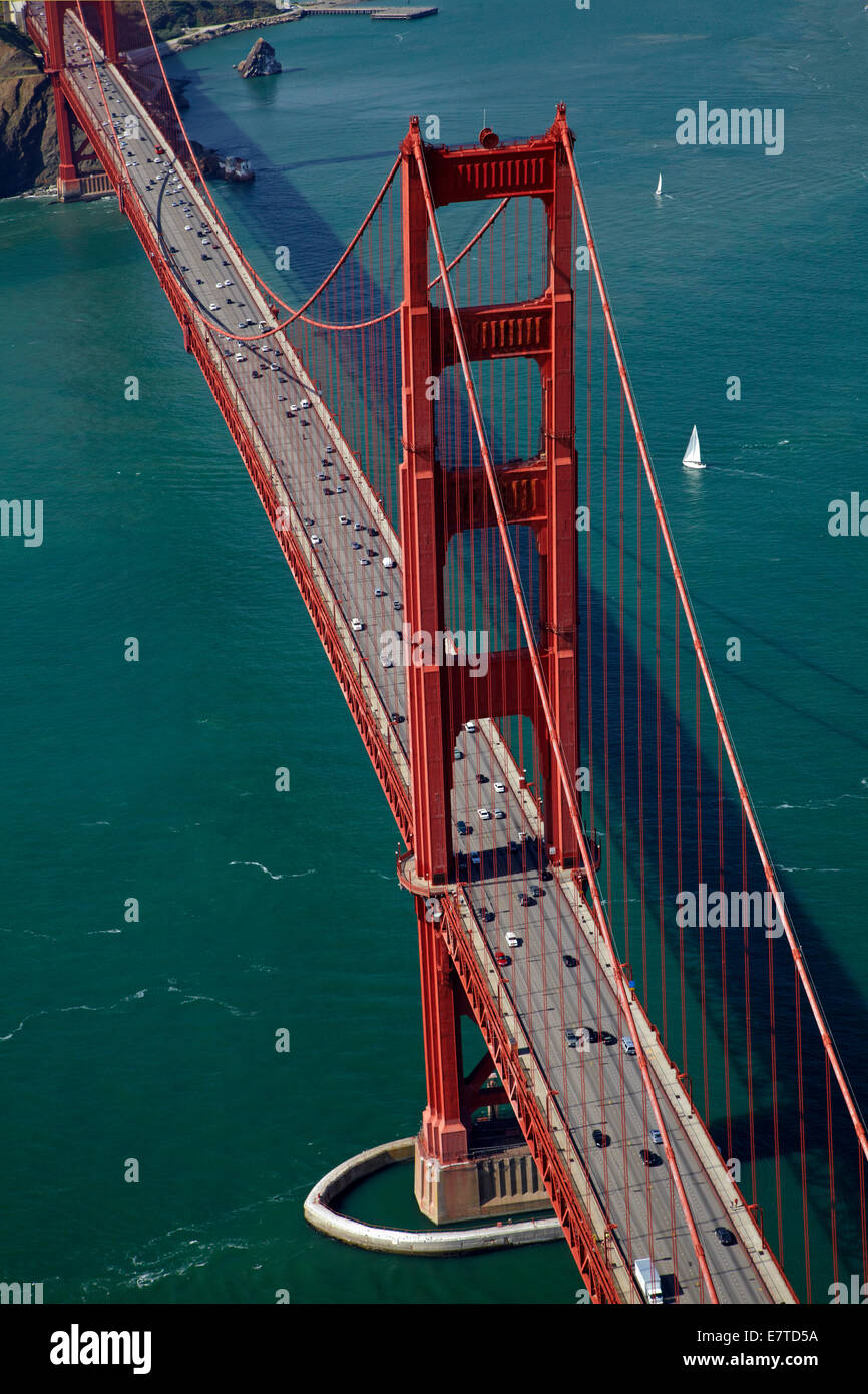 Traffic on Golden Gate Bridge, San Francisco Bay, San Francisco, California, USA - aerial Stock Photo