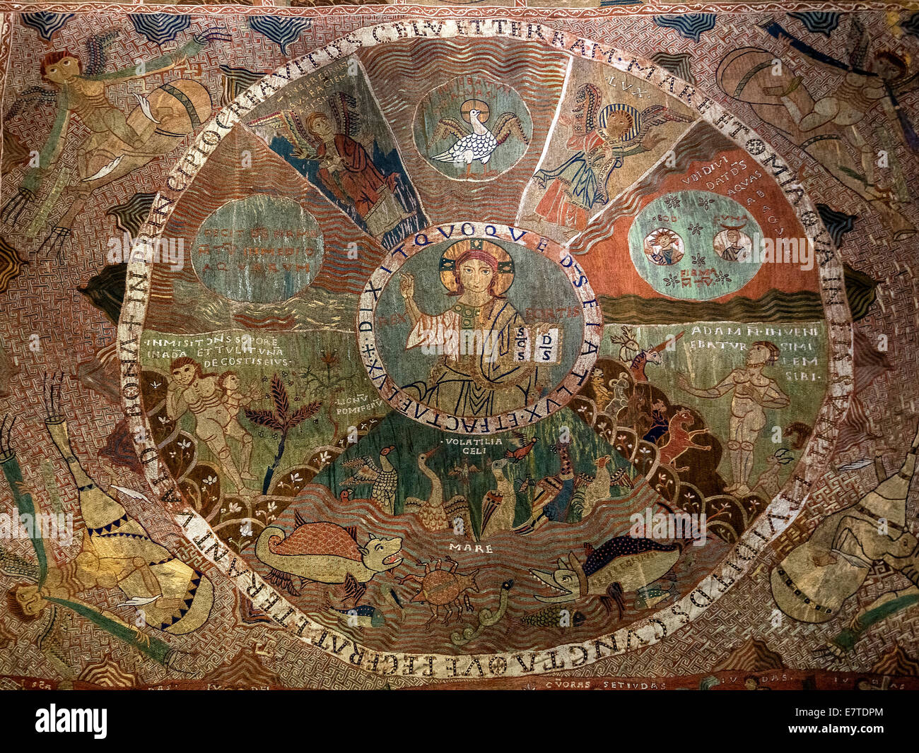 Tapis de la creació, Tapestry of Creation or Girona Tapestry, 11th century, Christ Pantocrator at the centre, Girona Cathedral, Stock Photo