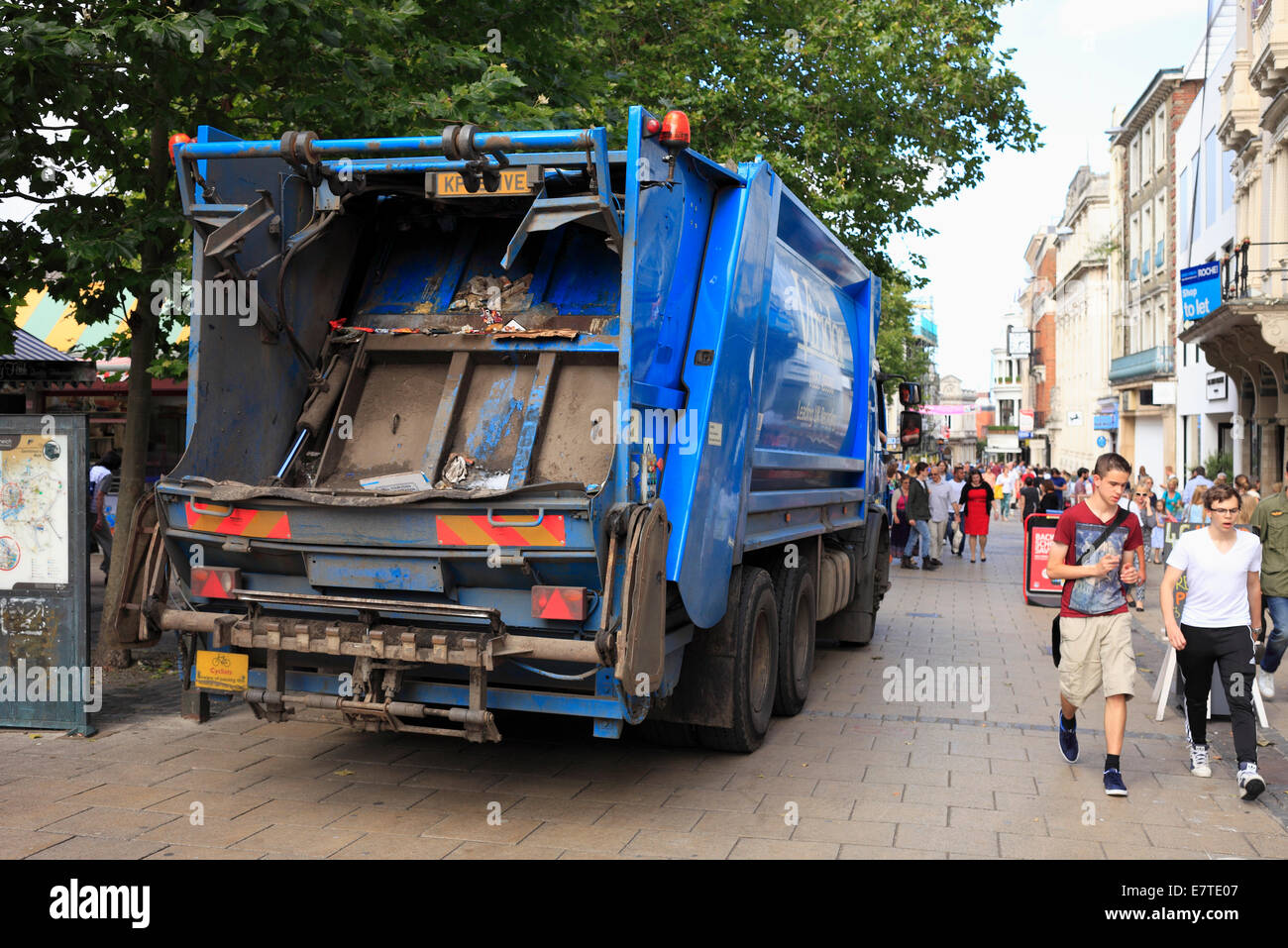 Viridor refuse lorry collecting recycling waste in Norwich city centre. Stock Photo