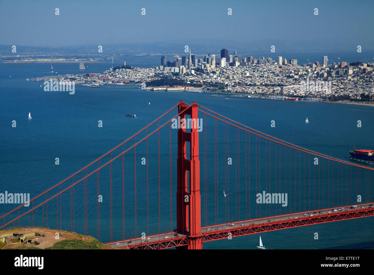 Golden Gate Bridge, San Francisco Bay, and downtown San Francisco, California, USA - aerial Stock Photo