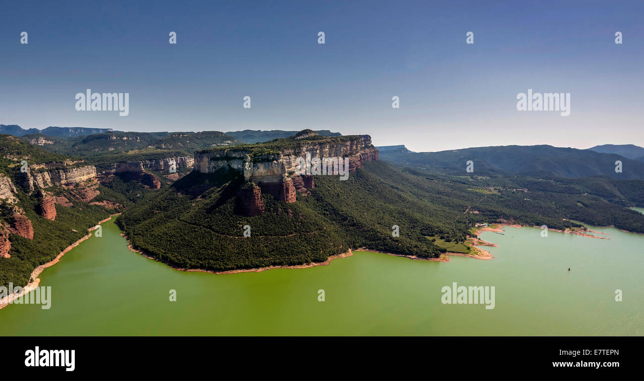 Aerial view, mesa, layered rock, Pantà de Sau, Sau Reservoir, river Ter, Riu Ter, Les Masies de Roda, Catalonia, Spain Stock Photo