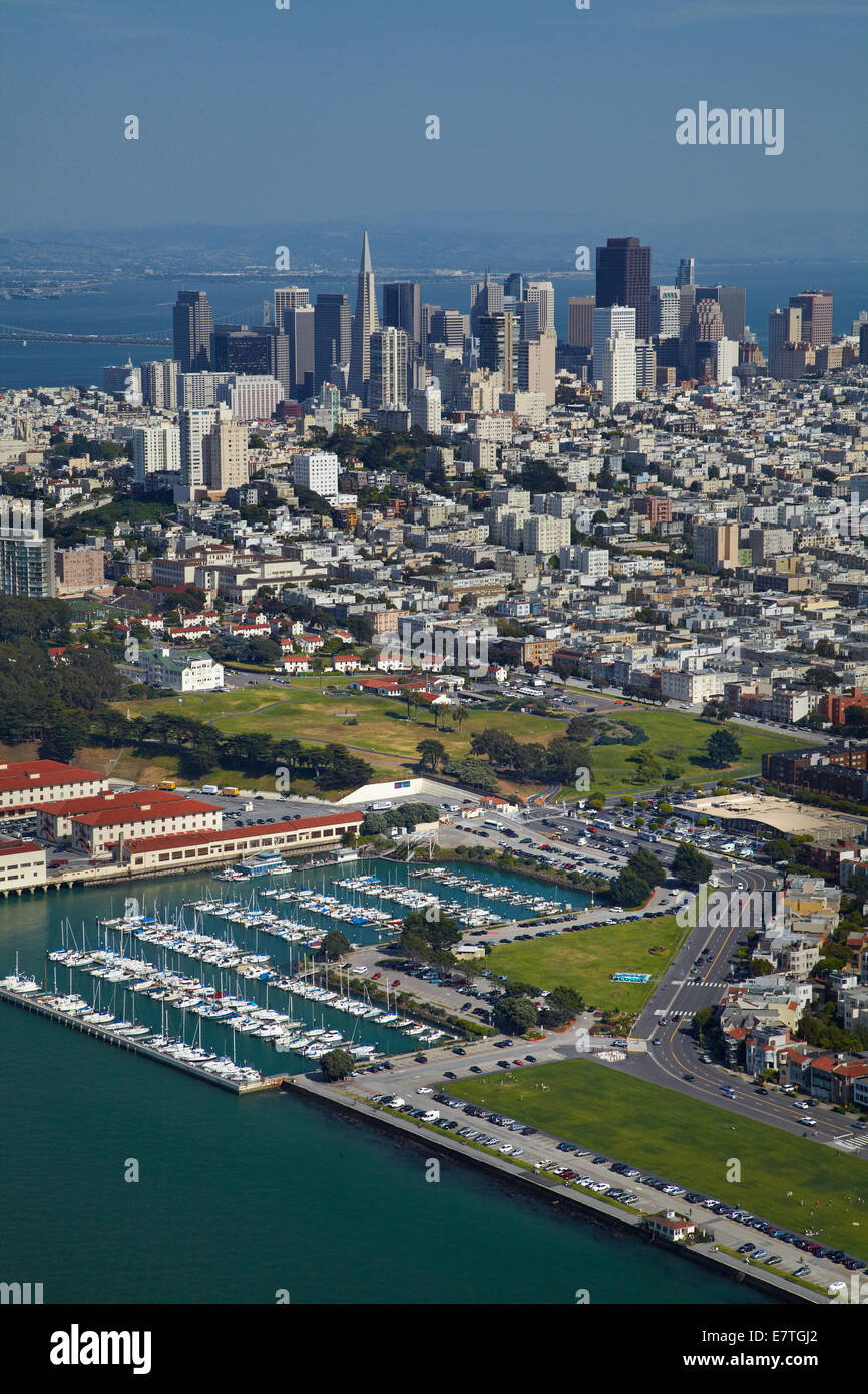 Marina Green, marina and downtown San Francisco, California, USA - aerial Stock Photo